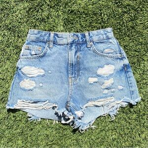 Bershka Jean Shorts Jorts High Waisted Distressed Medium Wash Women's Size 02